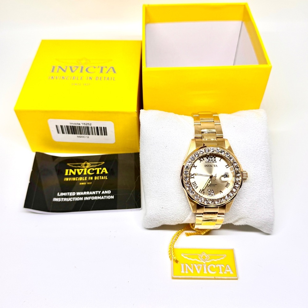 Invicta Women's 15252 Gold Tone Crystal Bezel Watch‎ Roman Numerals Date Box